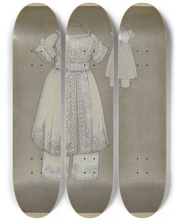 Triptych art skateboard deck of Jean Peszel Childs Dress_2 by Jean Peszel
