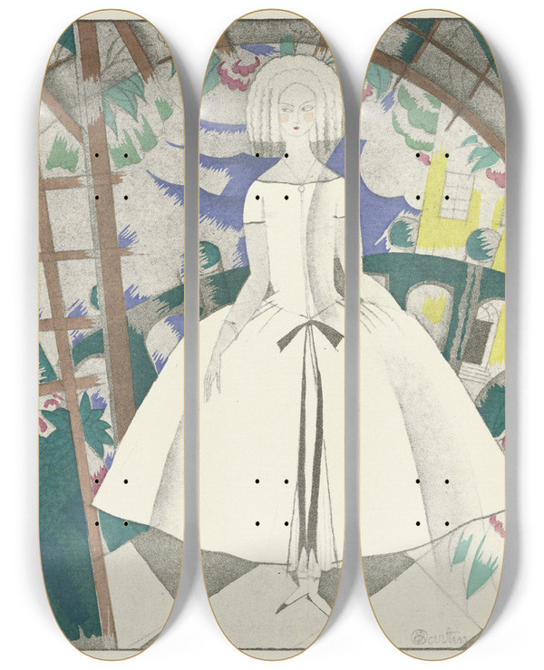 Triptych art skateboard deck of Charles Martin Le Jardin De Linfante Robe Du Soir De Paul Poiret by Charles Martin (1884-1934)