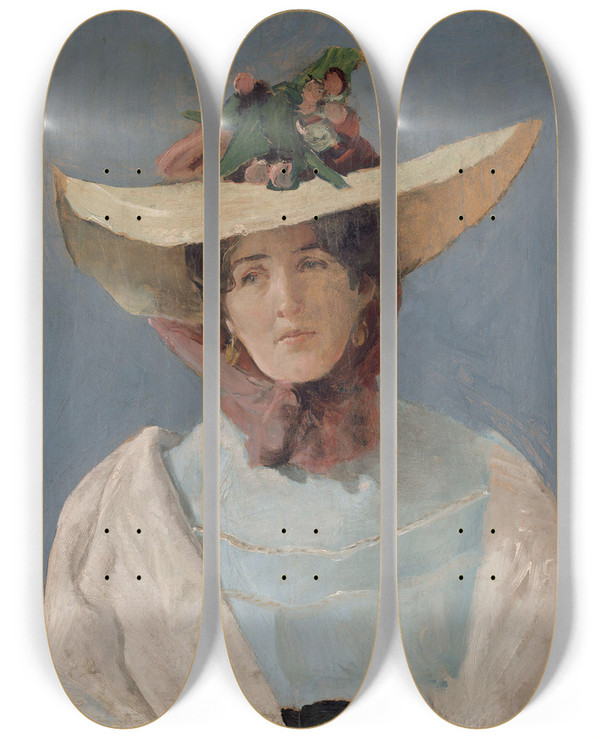 Triptych art skateboard deck of Christian Krohg Portrett Av Skuespillerinnen Agnes Mowinckel by Christian Krohg (1852-1925)