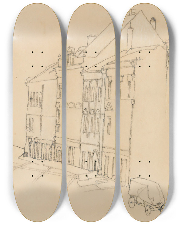 Triptych art skateboard deck of Egon Schiele Huser In Krumau Houses In Krumau by Egon Schiele (1890-1918)