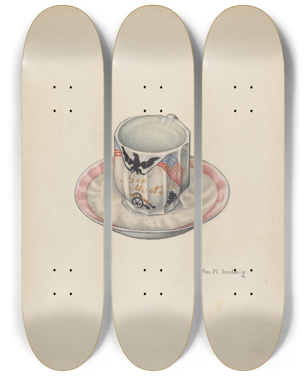 Triptych art skateboard deck of William Ludwig Cup And Saucer by William Ludwig
