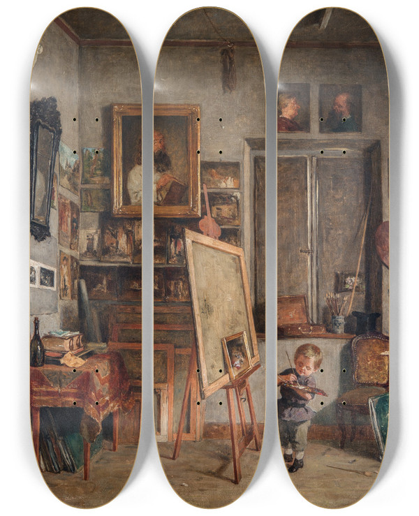 Triptych art skateboard deck of August Jernberg A Budding Talent by August Jernberg (1826-1896)