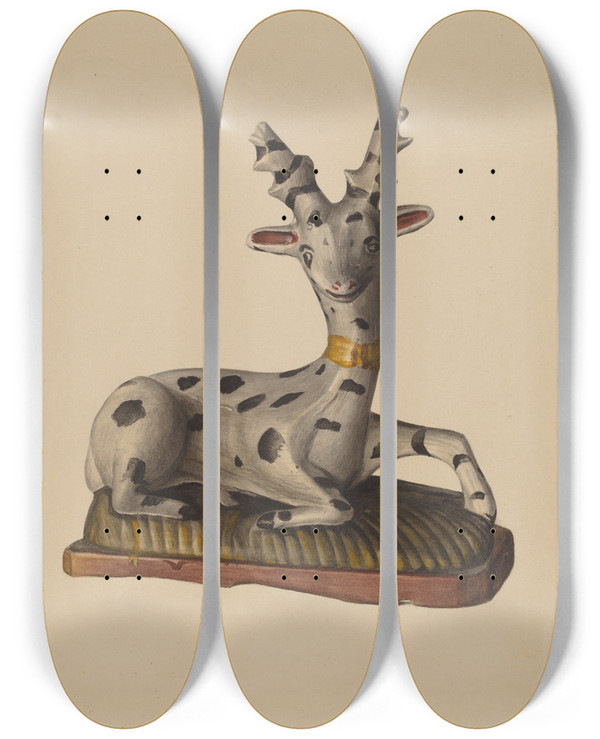 Triptych art skateboard deck of Mina Lowry Chalkware Deer by Mina Lowry (1894-1942)