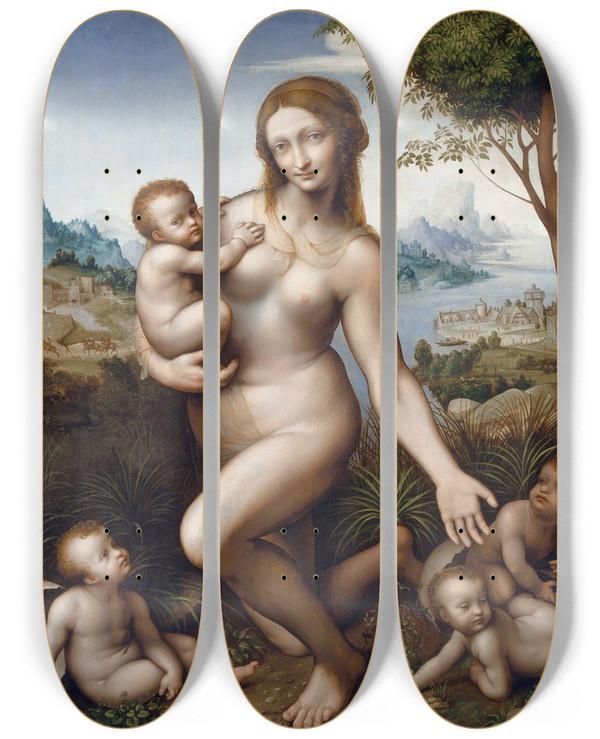 Triptych art skateboard deck of Giampietrino Giovanni Pietro Rizzoli Leda With Their Children by Giampietrino (Giovanni Pietro Rizzoli) (1520)