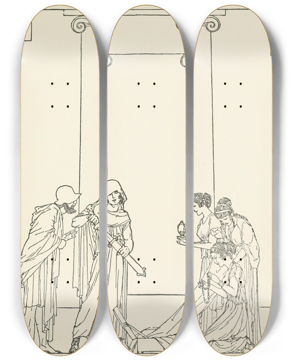 Triptych art skateboard deck of Padraic Colum The Childrens Homer Pl 14 by Padraic Colum (1881-1972)