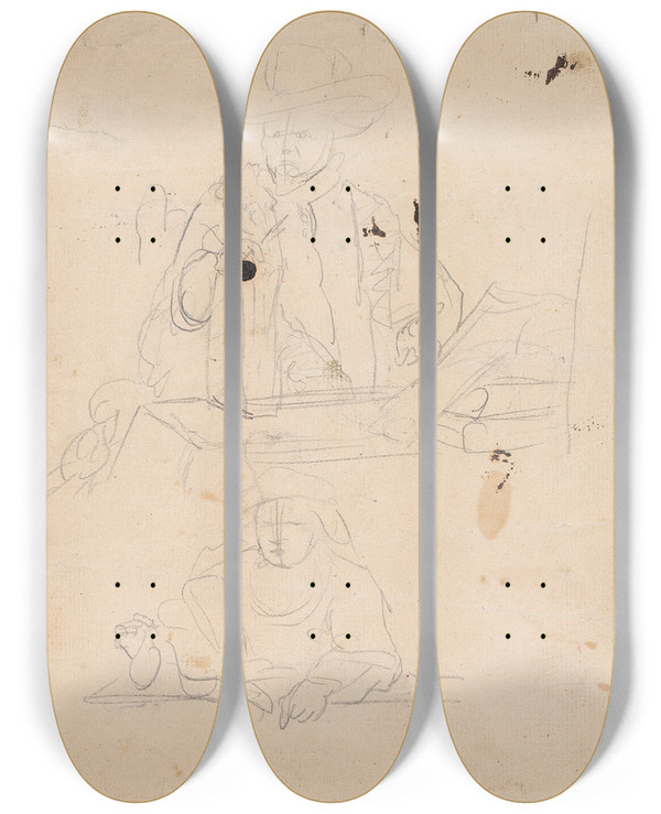 Triptych art skateboard deck of Sir Joshua Reynolds Man At Table Woman At Table by Sir Joshua Reynolds (1723-1792)