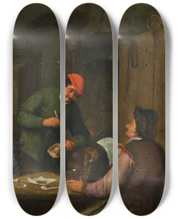 Triptych art skateboard deck of Adriaen Van Ostade Two Peasants Smoking Drinking And Reading At An Inn by Adriaen Van Ostade (1610-1684)