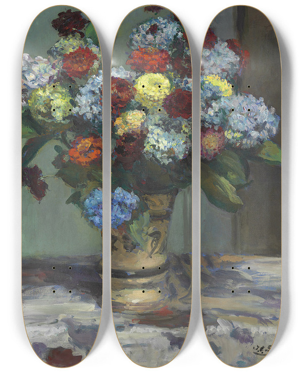 Triptych art skateboard deck of Jacquesmile Blanche Bouquet De Fleurs Aux Hortensias by Jacques-mile Blanche (1861-1942)