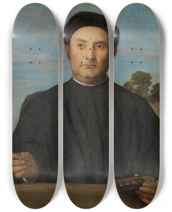 Triptych art skateboard deck of Lorenzo Lotto Portrait Of A Jeweler Probably Giovanni Pietro Crivelli by Lorenzo Lotto (1480-1556)