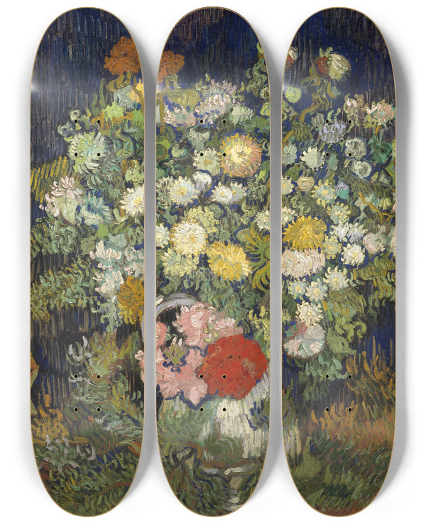 Triptych art skateboard deck of Vincent Van Gogh Bouquet Of Flowers In A Vase by Vincent van Gogh (1853-1890)