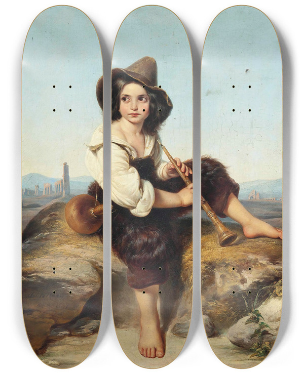 Triptych art skateboard deck of Leopold Pollak A Little Shepherd Playing The Oboe At The Claudia Aqueduct On The Roman Compagna by Leopold Pollak (1806-1880)