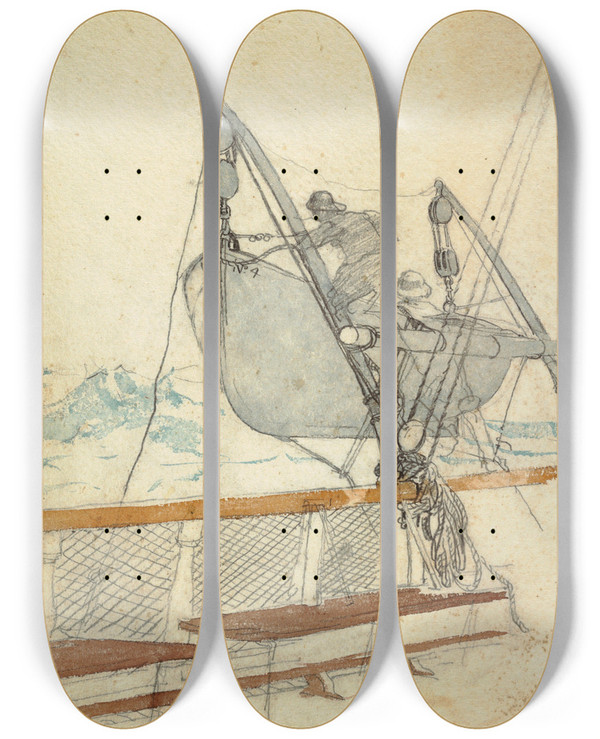 Triptych art skateboard deck of Winslow Homer Study For The Signal Of Distress_2 by Winslow Homer (1836-1910)