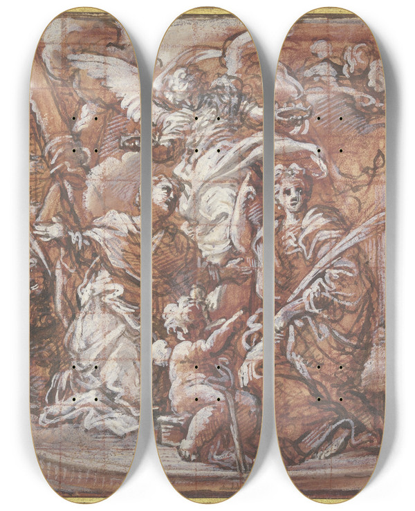 Triptych art skateboard deck of Giuseppe Passeri Zwei Heilige Werden Von Einem Engel Gekrnt by Giuseppe Passeri (1654-1714)