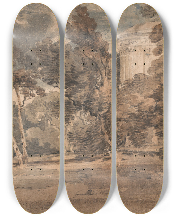 Triptych art skateboard deck of Thomas Girtin A Temple In Harewood Park by Thomas Girtin (1775-1802)