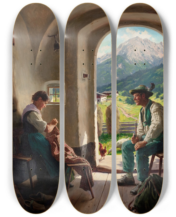 Triptych art skateboard deck of Emil Rau A Conversation by Emil Rau (1858-1937)