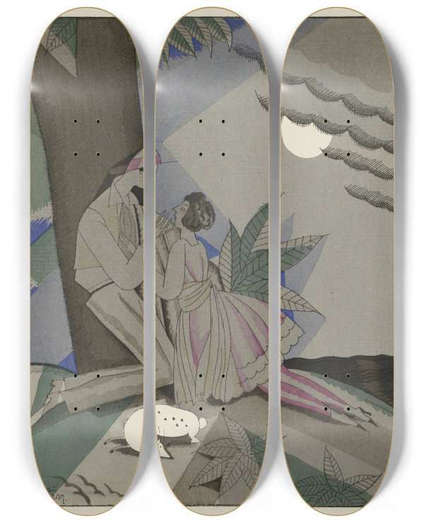Triptych art skateboard deck of Charles Martin Les Amants De Torquate by Charles Martin (1884-1934)