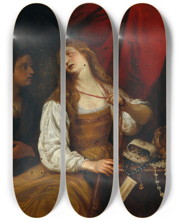 Triptych art skateboard deck of Giovanni Andrea De Ferrari The Conversion Of Mary Magdalene by Giovanni Andrea Ferrari (1598-1669)