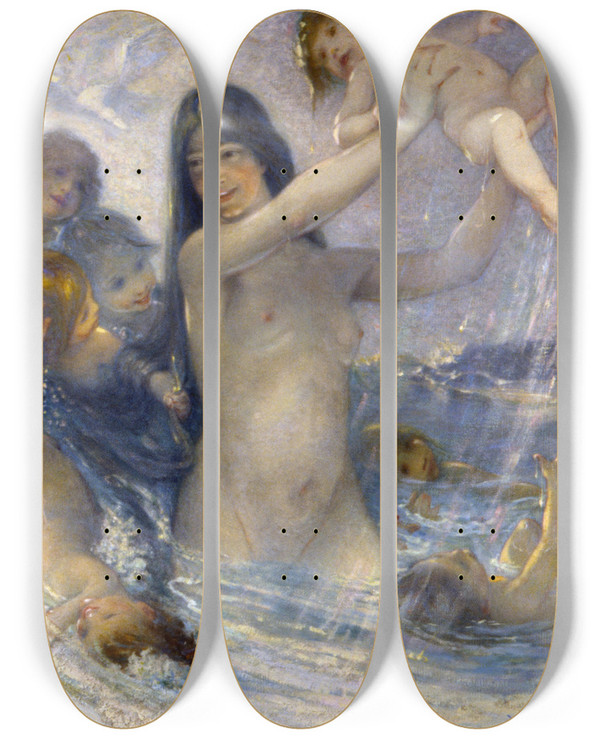 Triptych art skateboard deck of William Baxter Closson Nymph And Water Babies At Play by William Baxter Closson (1848-1926)