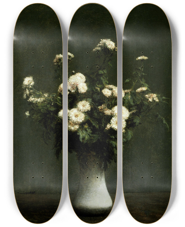 Triptych art skateboard deck of Henri Fantinlatour Vase Of Chrysanthemums by Henri Fantin-Latour (1836-1904)