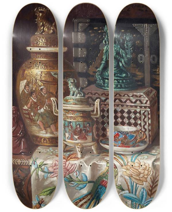 Triptych art skateboard deck of Ernst Czernotzky Asiatisches Tischstillleben by Ernst Czernotzky (1869-1939)