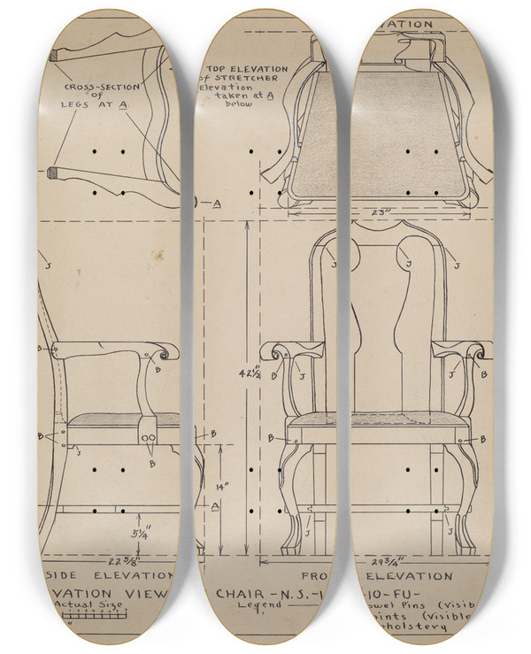 Triptych art skateboard deck of Francis Law Durand Chair_1 by Francis Law Durand (1935)