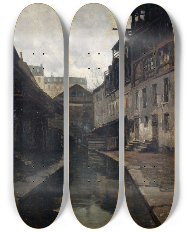 Triptych art skateboard deck of Germain Eugne Bonneton La Bivre Entre La Rue Pascal Et La Rue Broca by Germain Eugene Bonneton (1874-1915)