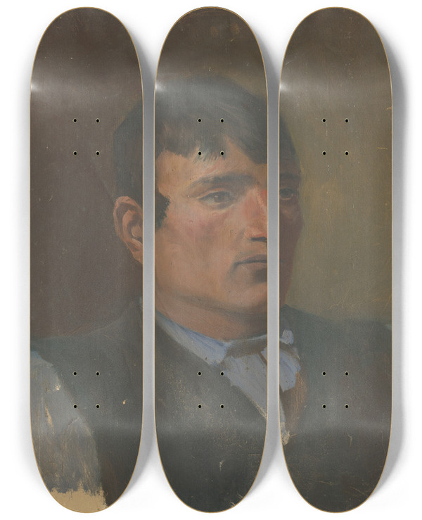 Triptych art skateboard deck of Ladislav Mednynszky Study Of A Young Man In A Dark Vest by Ladislav Mednyanszky (1852-1919)