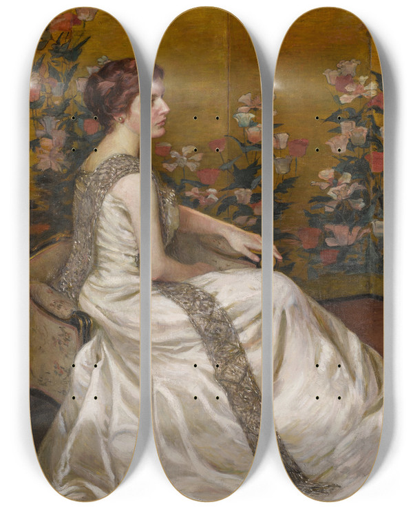 Triptych art skateboard deck of Lilla Cabot Perry The Gold Screen by Lilla Cabot Perry (1848-1933)