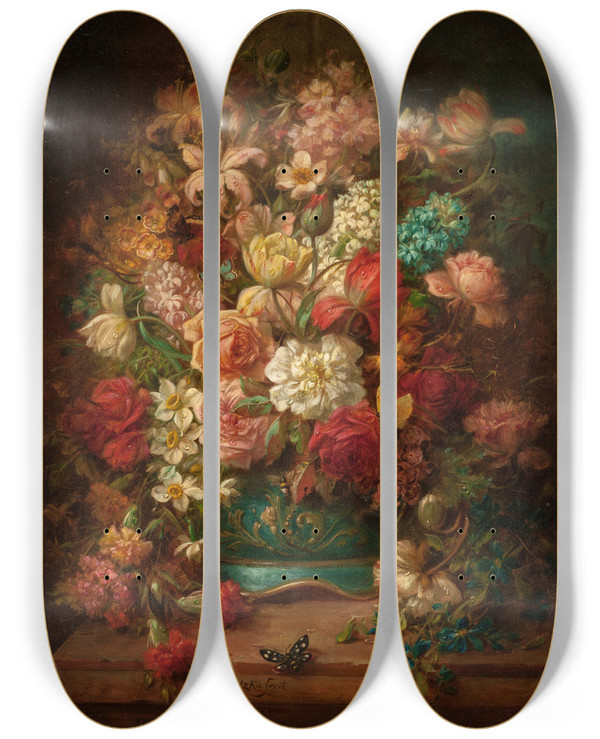 Triptych art skateboard deck of Hans Zatzka Still Life With Flowers And Butterflies by Hans Zatzka (1859-1945)