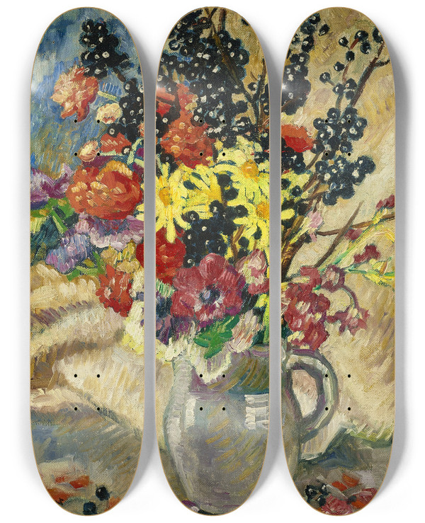 Triptych art skateboard deck of Louis Valtat Bouquet Aux Branches De Cassissier Dans Pichet Brun by Louis Valtat (1869-1952)