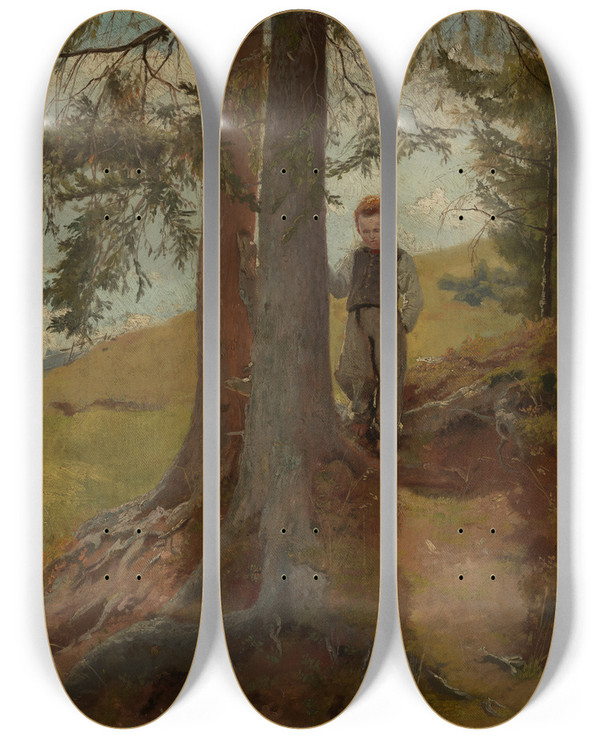 Triptych art skateboard deck of Hans Thoma Bauernjunge Am Waldrand by Hans Thoma (1839-1924)