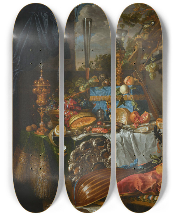 Triptych art skateboard deck of Jan Davidsz De Heem A Banquet Still Life_2 by Jan Davidsz de Heem (1606-1684)