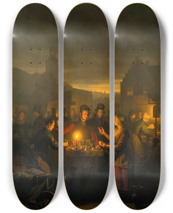 Triptych art skateboard deck of Petrus Van Schendel The Noordermarkt By Night Amsterdam by Petrus Van Schendel (1806-1870)