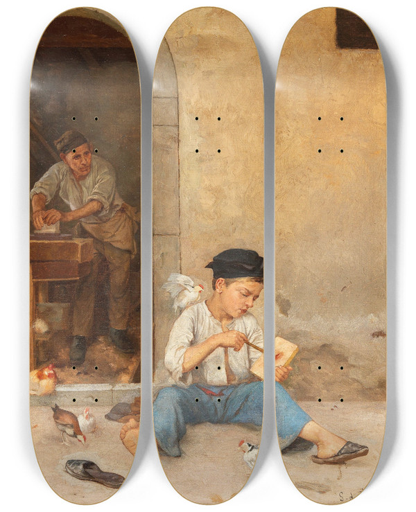 Triptych art skateboard deck of Giulio Del Torre The Young Assistant by Giulio del Torre (1856-1932)