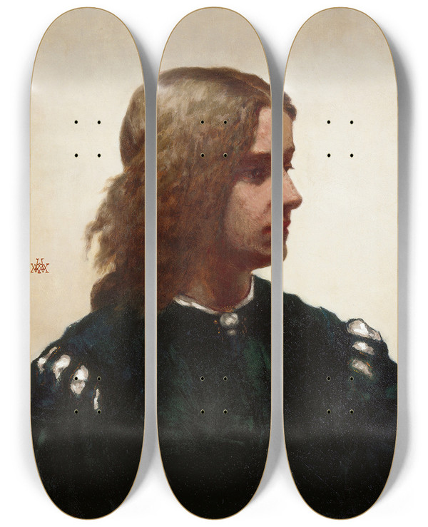 Triptych art skateboard deck of William Morris Hunt Ideal Head by William Morris Hunt (1824-1879)