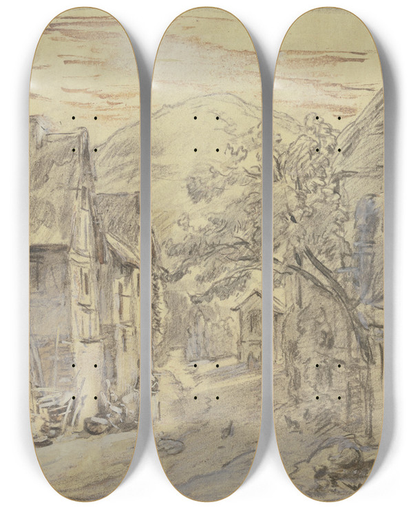 Triptych art skateboard deck of Jakob Frchtegott Dielmann Strae In Mayscho Links Zwei Frauen Im Gesprch Im Hintergrund Eine Kapelle by Jakob Furchtegott Dielmann (1809-1885)