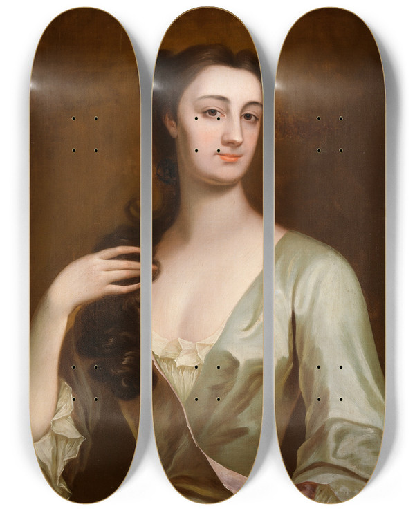 Triptych art skateboard deck of Anthony Lee Portrait Of Cecilia Leeson Born Leigh D1737 by Anthony Lee (1724-1767)