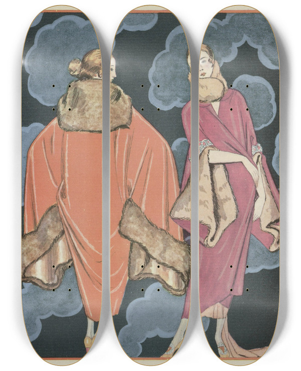 Triptych art skateboard deck of George Barbier Deux Heures Du Matin Manteaux De Worth by George Barbier (1882-1932)