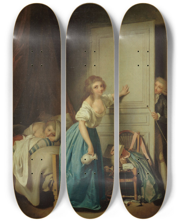 Triptych art skateboard deck of Louis Lopold Boilly The Indiscret by Louis Leopold Boilly (1761-1845)