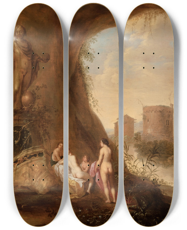 Triptych art skateboard deck of Abraham Van Cuylenborch Nymphs In A Grotto By A Ruined Statue by Abraham Van Cuylenborch (1620-1658)