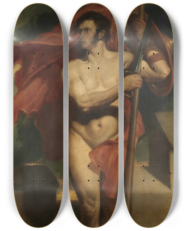 Triptych art skateboard deck of Daniel Maclise The Standard Bearer by Daniel Maclise (1806-1870)