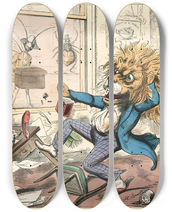 Triptych art skateboard deck of Charles Henry Bennett The Lion And The Gnat by Charles H Bennett (1828-1867)