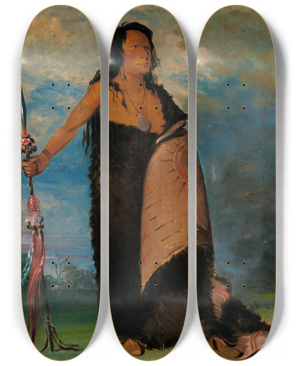 Triptych art skateboard deck of George Catlin Shoodegcha The Smoke Chief Of The Tribe by George Catlin (1796-1872)