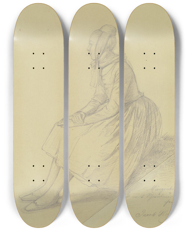 Triptych art skateboard deck of Johann Jakob Hoff Hessisches Bauernmdchen Ganze Figur Sitzend Profil Nach Links by Johann Jakob Hoff (1838-1892)