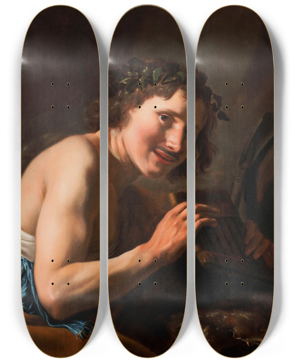Triptych art skateboard deck of Johannes Paulus Moreelse A Shepherd Holding Pans Pipe by Johannes Pauwelsz Moreelse (1603-1634)