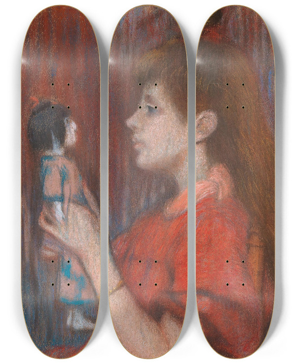 Triptych art skateboard deck of Federico Zandomeneghi Girl With Doll by Federico Zandomeneghi (1841-1917)