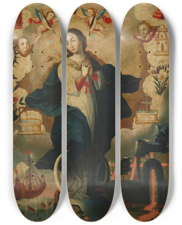 Triptych art skateboard deck of South American School Immaculada by South American School