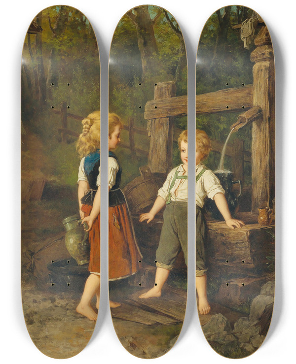 Triptych art skateboard deck of Anton Ebert Children At The Well by Anton Ebert (1845-1896)
