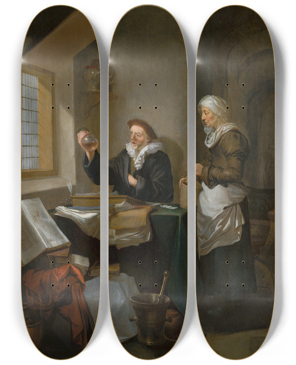 Triptych art skateboard deck of Hendrick Heerschop Visit To The Doctor by Hendrick Heerschop (1626-1690)
