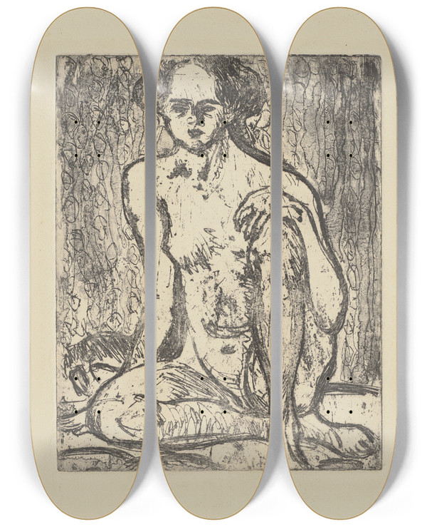 Triptych art skateboard deck of Ernst Ludwig Kirchner Sitzender Mdchenakt by Ernst Ludwig Kirchner (1880-1938)